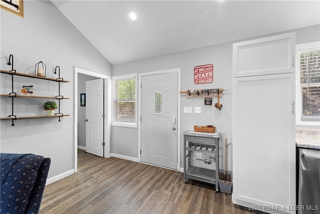 foyer featuring baseboards, lofted ceiling, wood finished floors, and a wealth of natural light