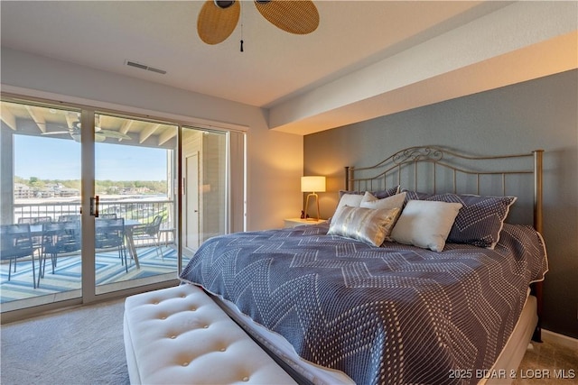 245 Bristol Bay Dr Unit 2B, Lake Ozark, MO 65049 - bedroom with access to exterior, carpet flooring, and a ceiling fan
