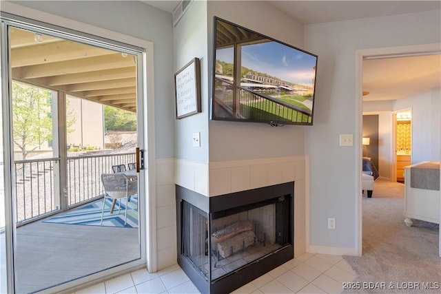 245 Bristol Bay Dr Unit 2B, Lake Ozark, MO 65049 - detailed view of a tile fireplace and carpet floors
