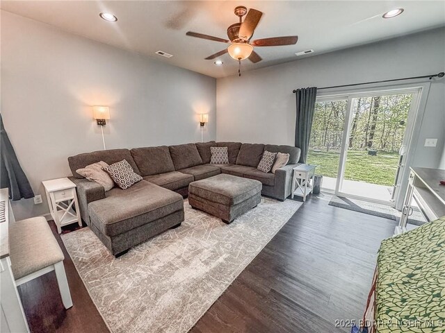 284 Bloomington Dr, Lake Ozark, MO 65049 - living room with a ceiling fan, dark wood-type flooring, and recessed lighting