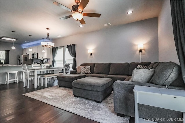 284 Bloomington Dr, Lake Ozark, MO 65049 - living room with dark wood-type flooring, ceiling fan, and recessed lighting