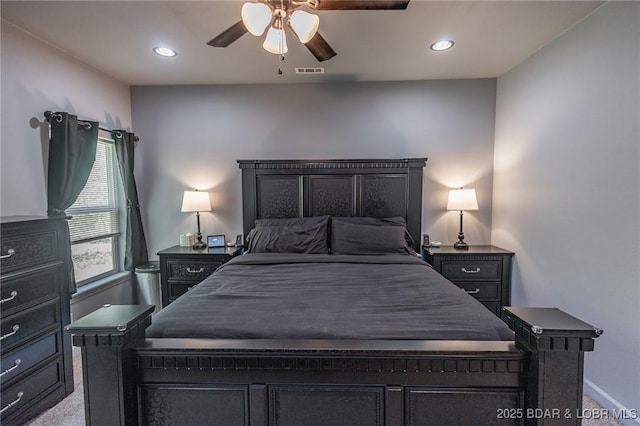 284 Bloomington Dr, Lake Ozark, MO 65049 - bedroom featuring light carpet, recessed lighting, and a ceiling fan