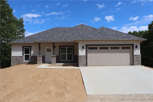 25 Sam Dr, Kaiser, MO 65047 - view of front of home featuring stucco siding, stone siding, and concrete driveway