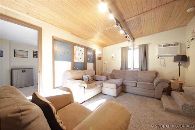 living area featuring beam ceiling, carpet floors, radiator, wooden ceiling, and a wall mounted AC