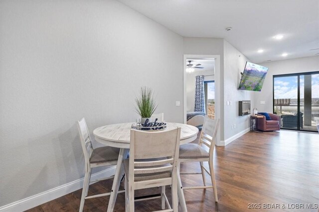 1065 Topsider Ln Unit 508, Osage Beach, MO 65065 - dining space featuring recessed lighting, wood finished floors, baseboards, a glass covered fireplace, and ceiling fan
