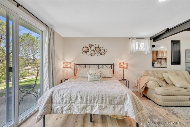 bedroom featuring multiple windows and light wood finished floors