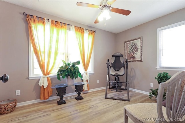 interior space featuring baseboards, ceiling fan, a wealth of natural light, and wood finished floors