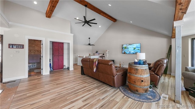 342 Porter Mill Springs Dr, Sunrise Beach, MO 65079 - living area with high vaulted ceiling, a ceiling fan, light wood-type flooring, beam ceiling, and recessed lighting