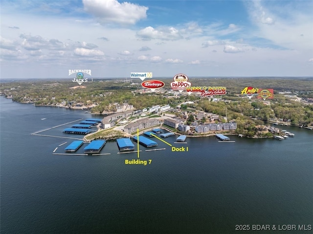 birds eye view of property with a water view