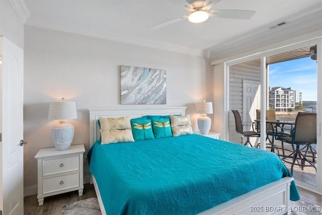 bedroom with wood finished floors, visible vents, a ceiling fan, crown molding, and access to outside
