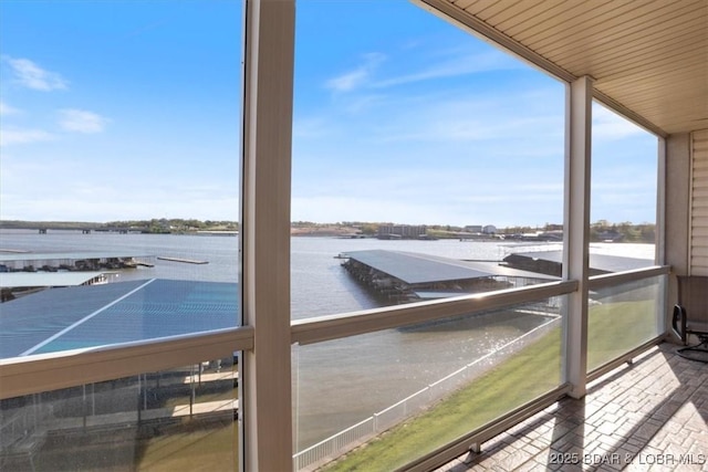 exterior space with a water view
