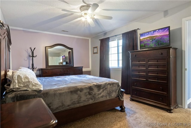 bedroom with crown molding, light carpet, and a ceiling fan
