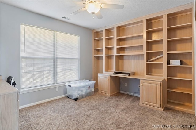 3796 Meadow Ln, Osage Beach, MO 65065 - unfurnished office with light carpet, a ceiling fan, and built in study area