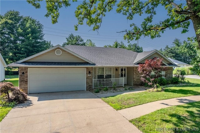 3796 Meadow Ln, Osage Beach, MO 65065 - view of front of home with covered porch, brick siding, a garage, concrete driveway, and a front lawn