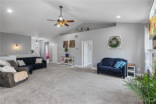 63 Lancelot Ct, Camdenton, MO 65020 - living room with ceiling fan, carpet floors, vaulted ceiling, baseboards, and recessed lighting