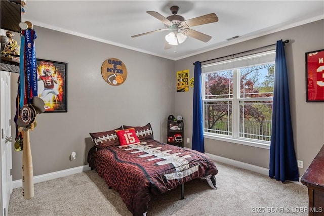 bedroom featuring a ceiling fan, visible vents, carpet floors, and baseboards