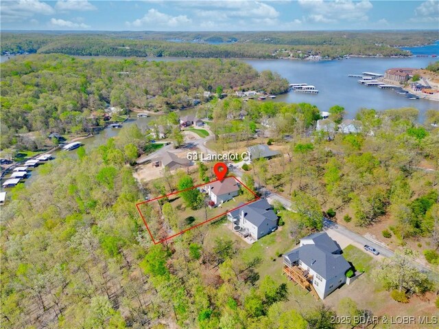 drone / aerial view featuring a water view and a wooded view