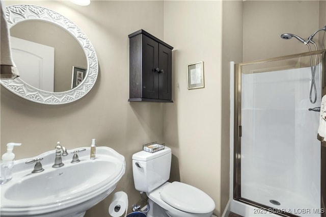 full bathroom featuring toilet, a stall shower, and a sink