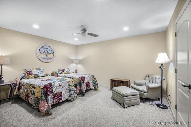 bedroom featuring ceiling fan, recessed lighting, baseboards, and carpet floors