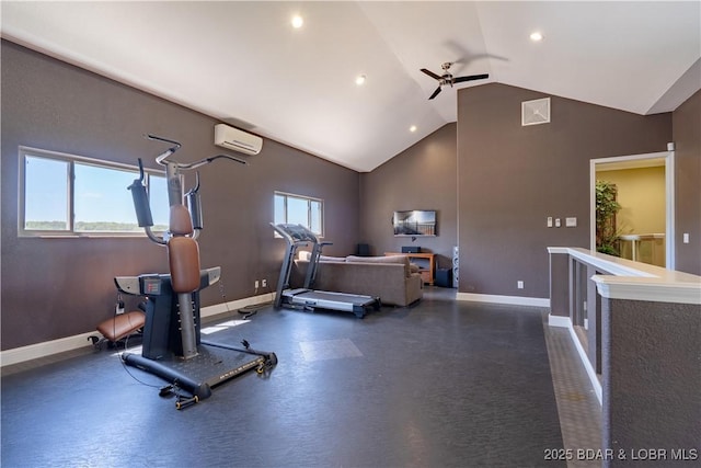 4956 Shorewood Dr, Osage Beach, MO 65065 - workout area featuring lofted ceiling, a wall unit AC, ceiling fan, baseboards, and recessed lighting