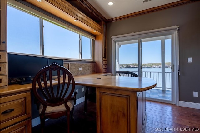 4956 Shorewood Dr, Osage Beach, MO 65065 - office with a water view, built in study area, baseboards, ornamental molding, and wood finished floors
