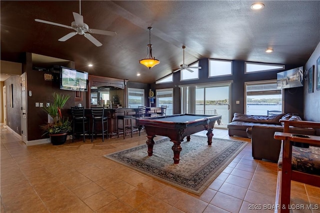 4956 Shorewood Dr, Osage Beach, MO 65065 - recreation room featuring recessed lighting, a ceiling fan, pool table, tile patterned flooring, and lofted ceiling