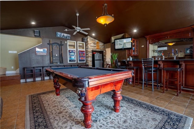 4956 Shorewood Dr, Osage Beach, MO 65065 - rec room featuring tile patterned floors, a ceiling fan, billiards, a community bar, and lofted ceiling