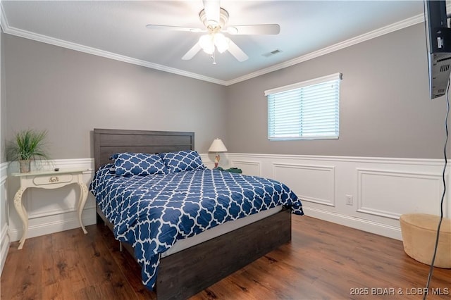 4956 Shorewood Dr, Osage Beach, MO 65065 - bedroom featuring crown molding, ceiling fan, visible vents, wood finished floors, and wainscoting