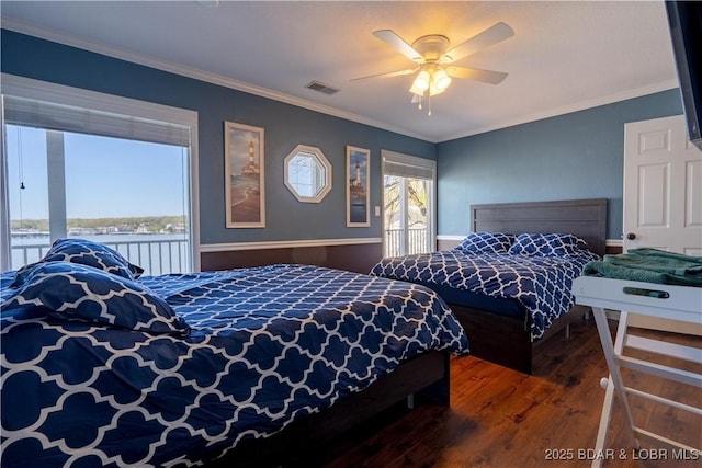 4956 Shorewood Dr, Osage Beach, MO 65065 - bedroom with a water view, access to outside, crown molding, visible vents, and hardwood / wood-style flooring