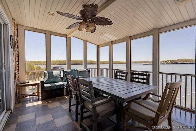 4956 Shorewood Dr, Osage Beach, MO 65065 - sunroom / solarium with a ceiling fan, a water view, and outdoor dining area