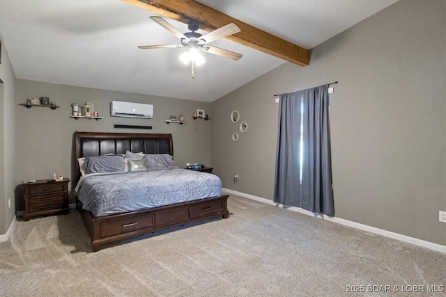 carpeted bedroom with baseboards, a wall mounted air conditioner, lofted ceiling with beams, and ceiling fan