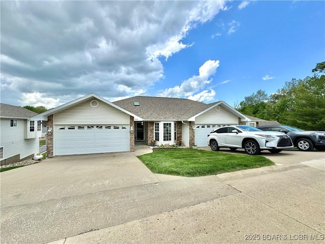 5177 Vicus Castry, Osage Beach, MO 65065 - ranch-style house with roof with shingles, brick siding, driveway, a garage, and a front yard