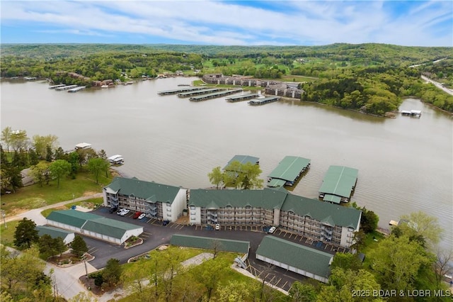 birds eye view of property featuring a water view and a forest view