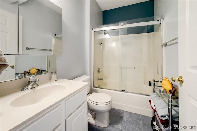 bathroom featuring vanity, toilet, and enclosed tub / shower combo