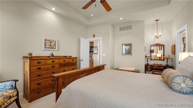 bedroom with light colored carpet, visible vents, baseboards, ceiling fan with notable chandelier, and recessed lighting