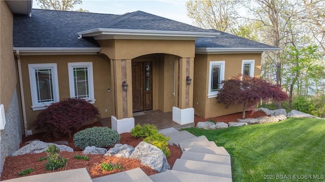 entrance to property featuring a shingled roof, stucco siding, and a lawn