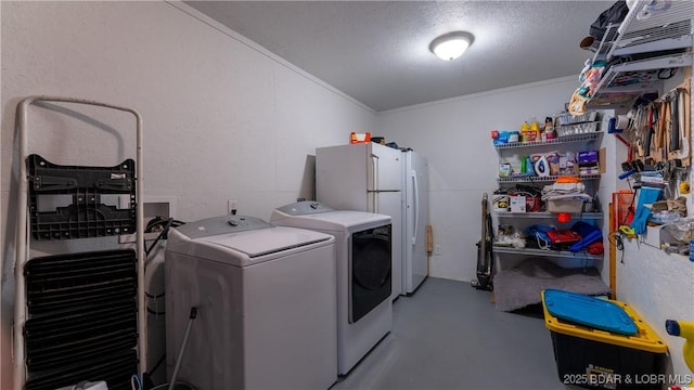 laundry area with washer and dryer, a textured ceiling, laundry area, and crown molding