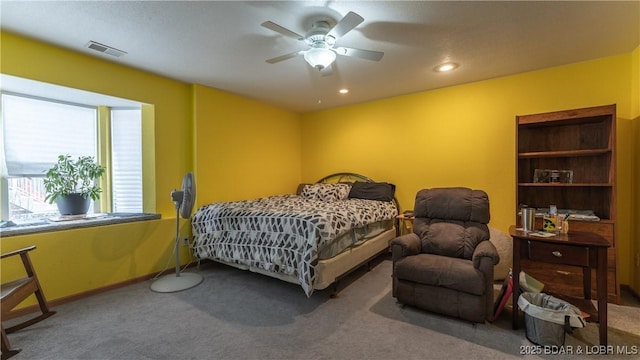 bedroom with visible vents, a ceiling fan, recessed lighting, and carpet floors