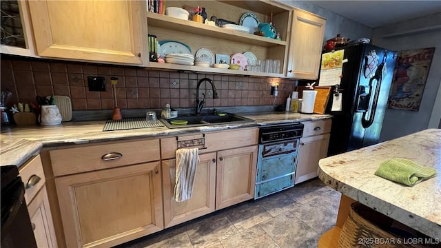 30993 Viewside Dr, Rocky Mount, MO 65072 - kitchen featuring a sink, black fridge with ice dispenser, open shelves, tasteful backsplash, and light brown cabinetry
