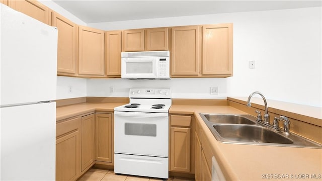 kitchen with light countertops, a sink, light brown cabinets, and white appliances