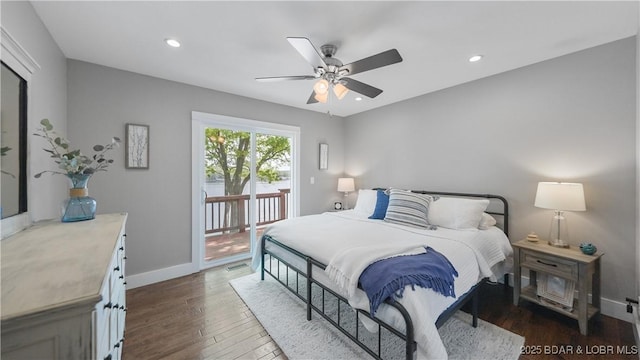 bedroom with baseboards, recessed lighting, dark wood finished floors, a ceiling fan, and access to outside
