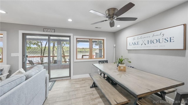 dining room featuring ceiling fan, recessed lighting, visible vents, and baseboards