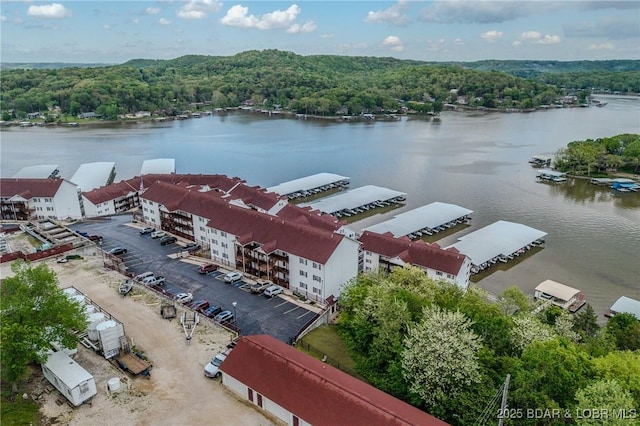 birds eye view of property featuring a water view and a view of trees