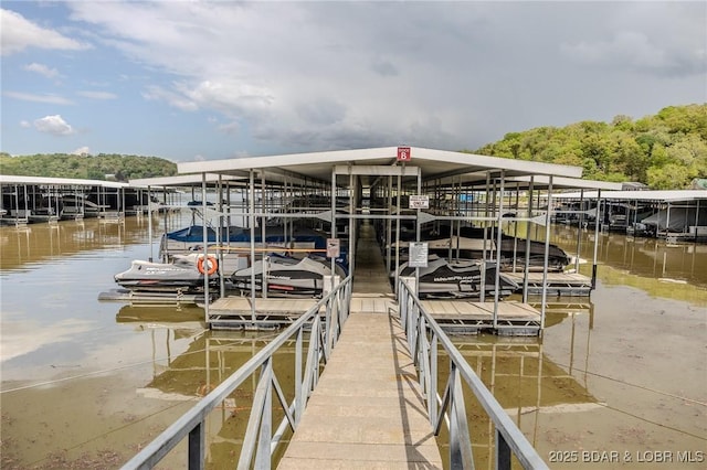 view of dock featuring boat lift and a water view