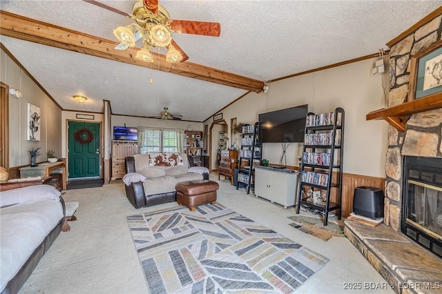 122 Simpson Rd, Urbana, MO 65767 - living room featuring carpet floors, a ceiling fan, a textured ceiling, and ornamental molding