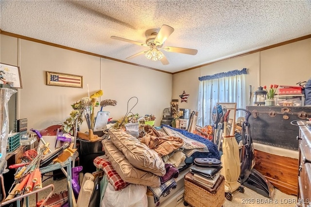 122 Simpson Rd, Urbana, MO 65767 - bedroom featuring ornamental molding, a textured ceiling, ceiling fan, and carpet flooring