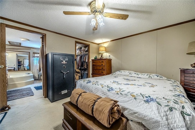 122 Simpson Rd, Urbana, MO 65767 - bedroom with ceiling fan, a textured ceiling, light colored carpet, a closet, and ornamental molding