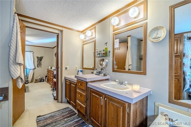 122 Simpson Rd, Urbana, MO 65767 - bathroom featuring two vanities, a textured ceiling, ornamental molding, and a sink