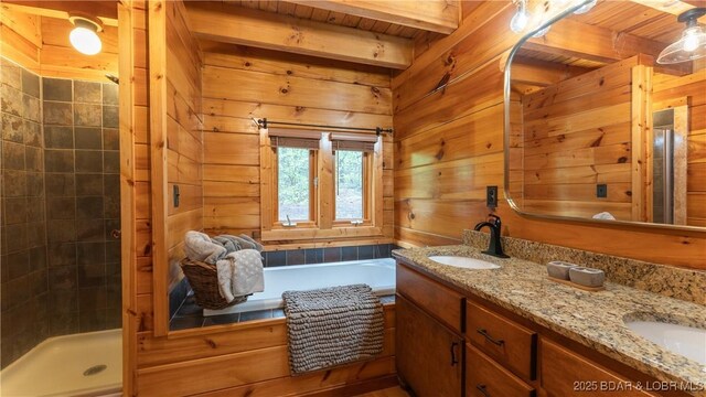 full bathroom featuring a sink, beam ceiling, wood walls, and wooden ceiling