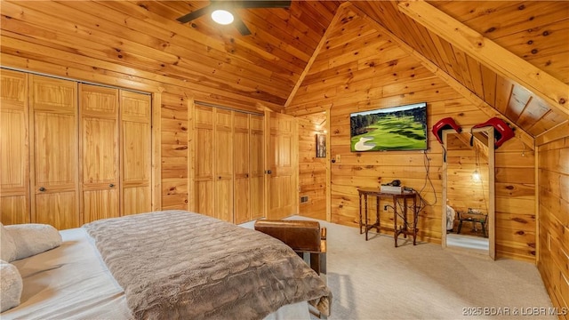 carpeted bedroom featuring wooden walls, multiple closets, and vaulted ceiling